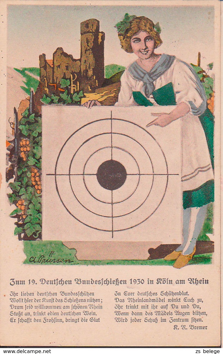 Köln 1930 Künstlerkarte Zum 19. Deutschen Bundesschießen Sig. Cl. Prüssen, Zielscheibe - Köln
