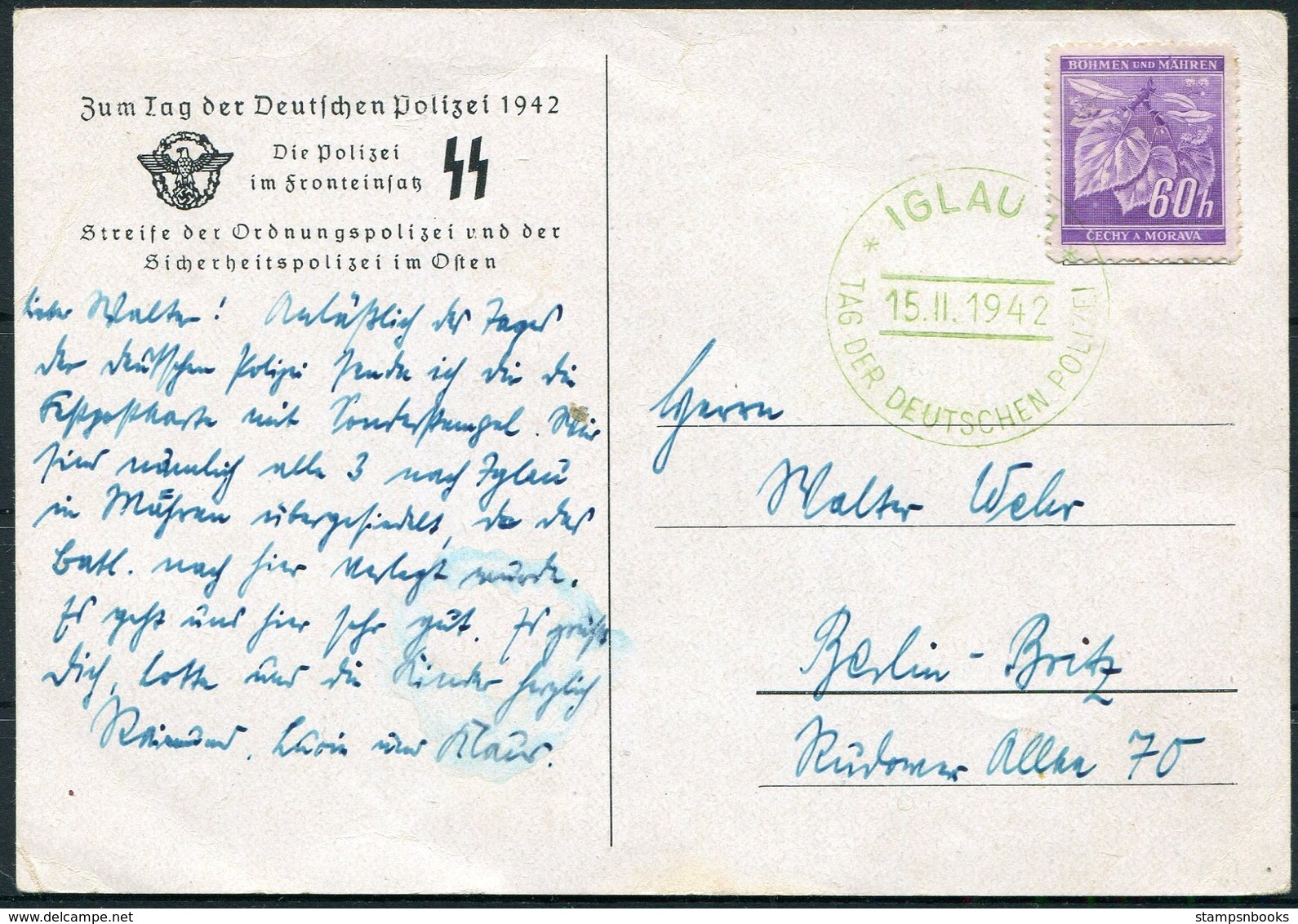 1942 Germany DR Propagandakarte Iglau Tag Der Deutschen Polizei, Die Polizei Im Fronteinsatz Postcard. Bohemia Moravia - Covers & Documents