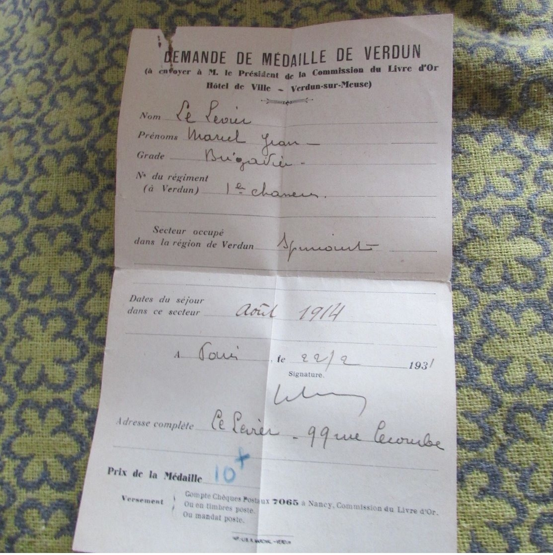 WW1 French Paper For Award Of Verdun Medal - 1914-18