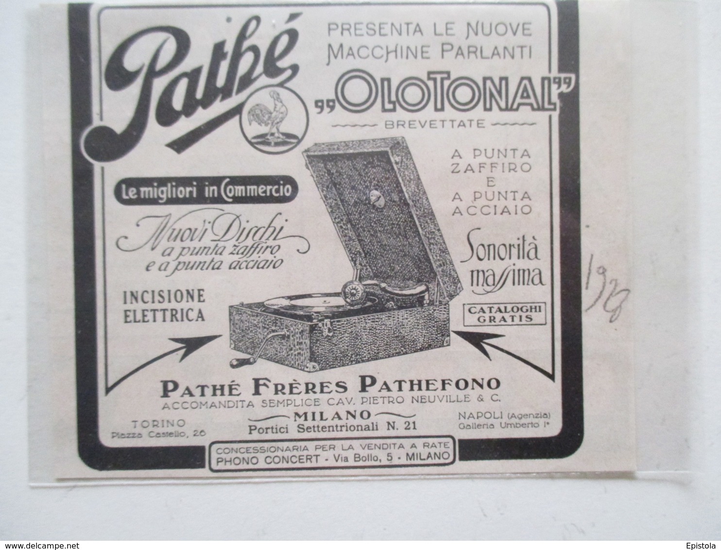Gramophone Tourne Disque 78 T  "Pathé Frères " PATHEFONO Milano  - Coupure De Presse Italienne De 1928 - 78 T - Disques Pour Gramophone