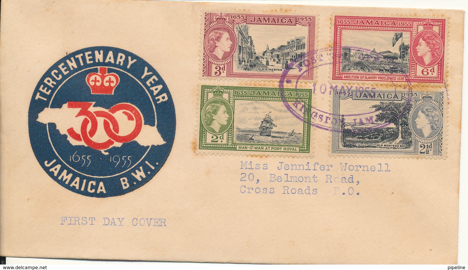 Jamaica FDC 10-5-1955 Tercentenary Year 1655 - 1955 Complete Set Of 4 With Cachet  (some Rust Stains) - Jamaïque (...-1961)