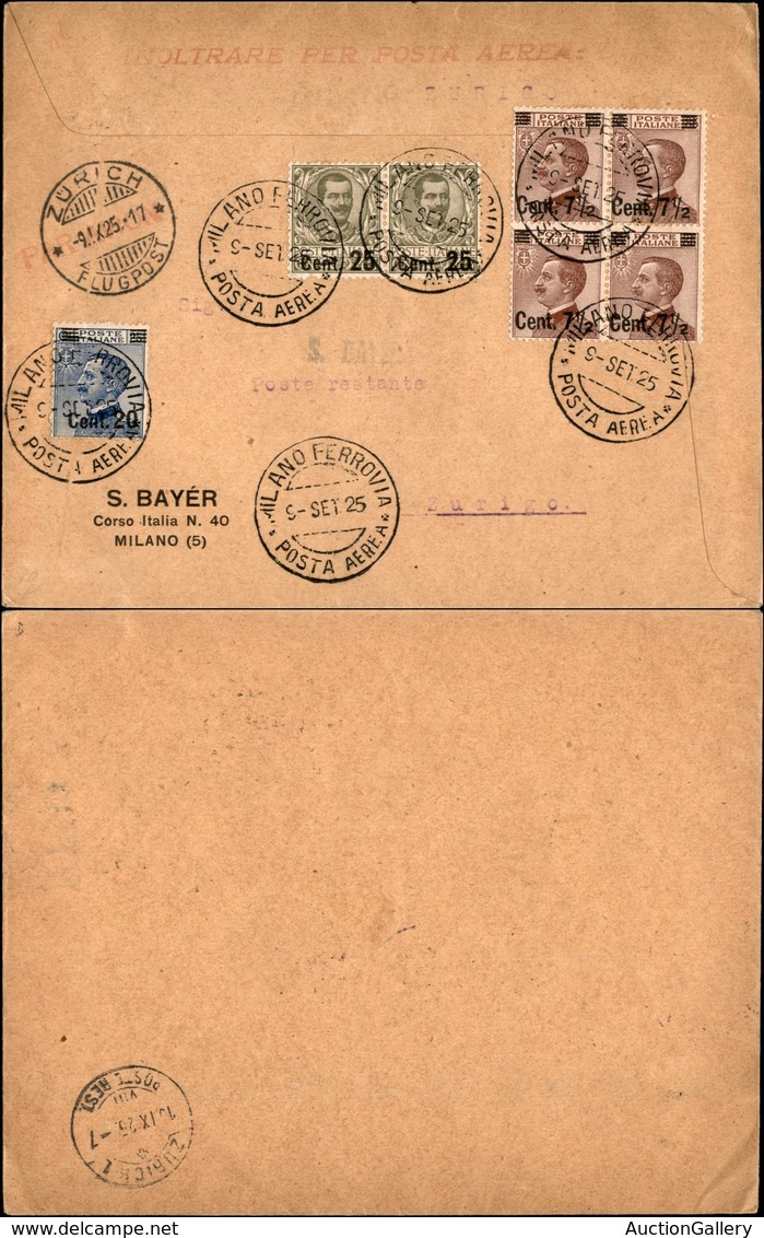 PRIMI VOLI - 1925 (9 Settembre) - Mittelholzer - Primo Volo Postale Milano Zurigo (Longhi 1392 - Sass. 43) - Aerogramma  - Altri & Non Classificati
