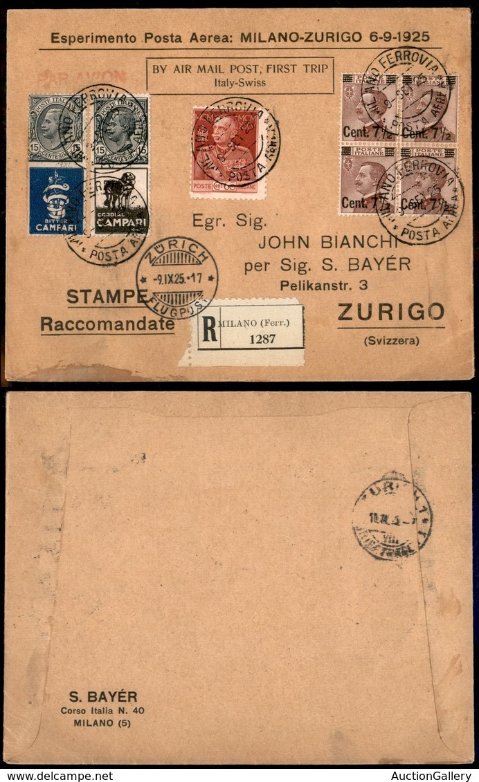 PRIMI VOLI - 1925  (9 Settembre) - Mittelholzer - Primo Volo Postale Milano Zurigo (Longhi 1392 - Sass. 43) - Busta Spec - Other & Unclassified
