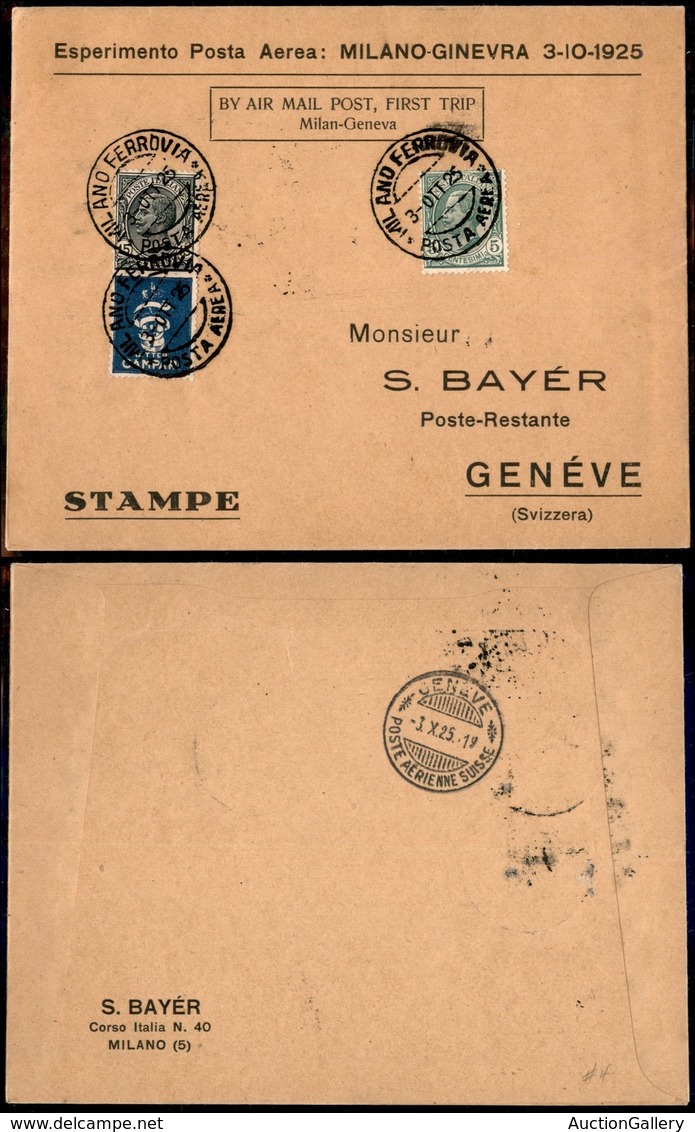 PRIMI VOLI - 1925 (3 Ottobre) - Primo Volo Postale Milano Ginevra (Longhi 1408 - Sass. 49) - Altri & Non Classificati