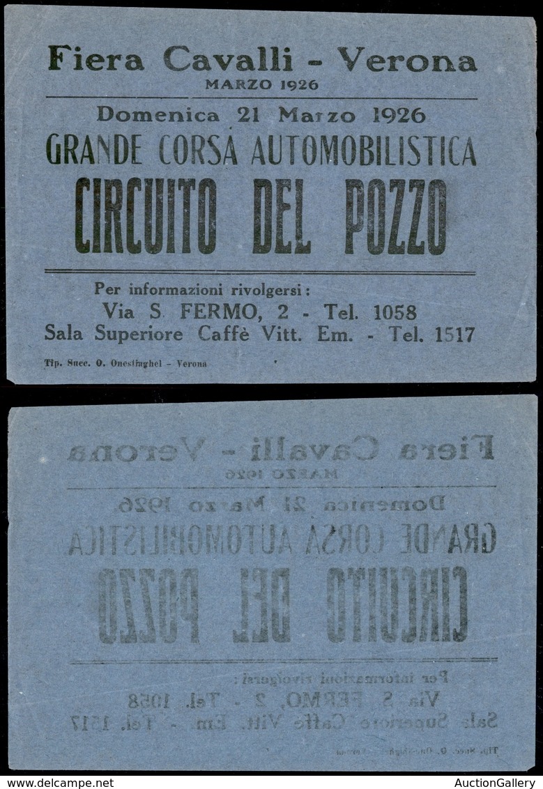 PRIMI VOLI - 1926 (Verona 21 Marzo) - Circuito Del Pozzo/Grande Corsa Automobilistica - Lanciato Dal Pallone - Non Catal - Other & Unclassified