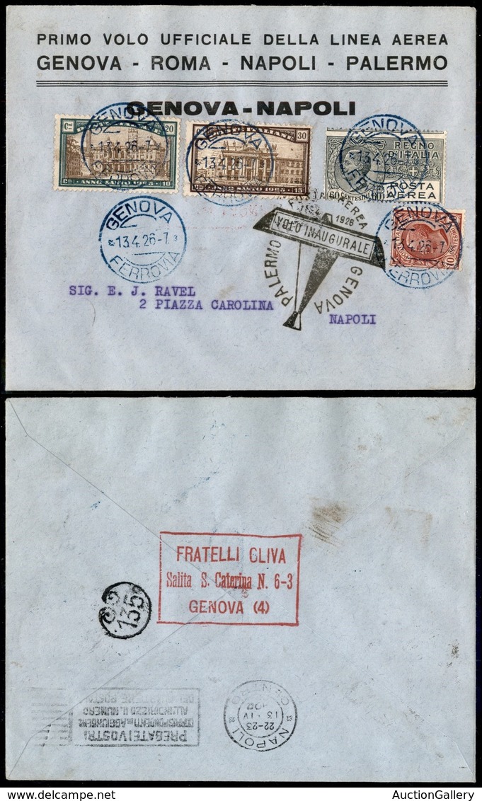 PRIMI VOLI - 1926 (13 Aprile) - S.A.N.A. - Linea Genova Palermo - Primo Volo Genova Napoli (Longhi 1553 - Sass. 62b) - A - Otros & Sin Clasificación