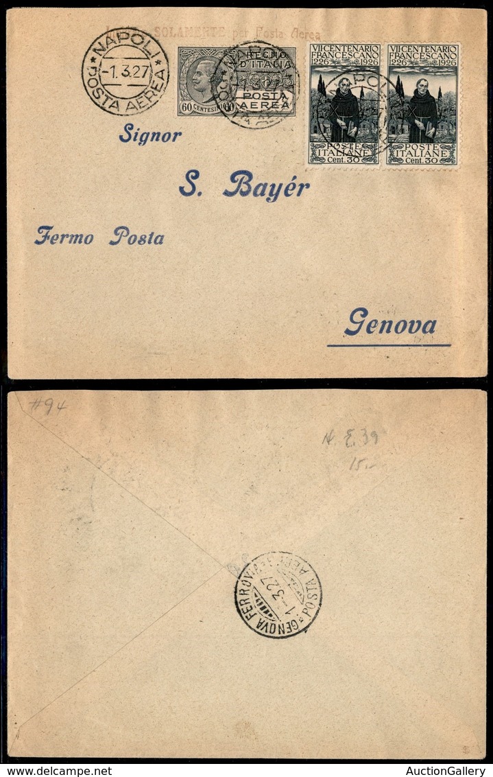 PRIMI VOLI - 1927 (1 Marzo) - S.A.N.A. - Servizio Postale - Volo Napoli Genova (Longhi 1695 - Sass. 82) - Sonstige & Ohne Zuordnung