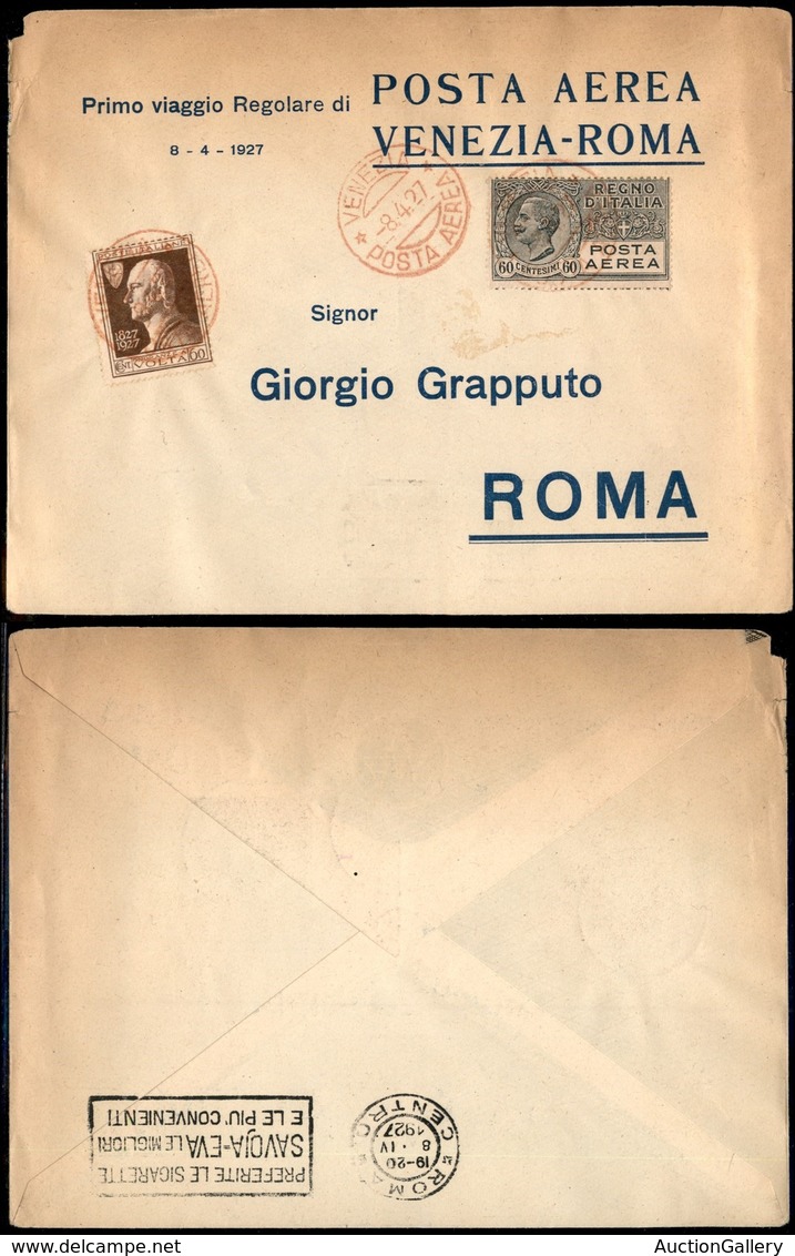 PRIMI VOLI - 1927 (8 Aprile) - T.A./Navigazione Transadriatica - Primo Volo Postale Venezia Roma (Longhi 1707 - Sass. 88 - Otros & Sin Clasificación