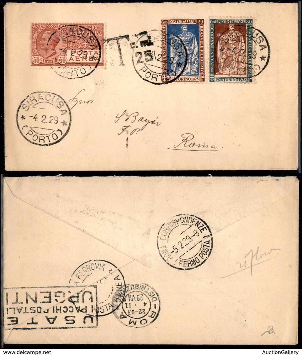 PRIMI VOLI - 1929 (4 Febbraio) - S.A.N.A. - Primo Corriere Postale Siracusa Roma (Longhi 1884 - Sass. 128) - Tassa Fermo - Sonstige & Ohne Zuordnung