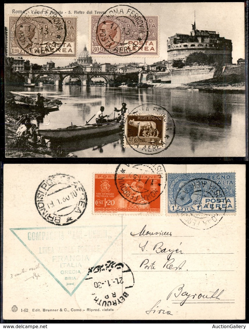 PRIMI VOLI - 1930 (19 Gennaio) - A.U.L.O. - Linea Marsiglia Beyrouth - Roma Beyrouth (Longhi 2058 - Sass. 173a) - 3 Cart - Other & Unclassified