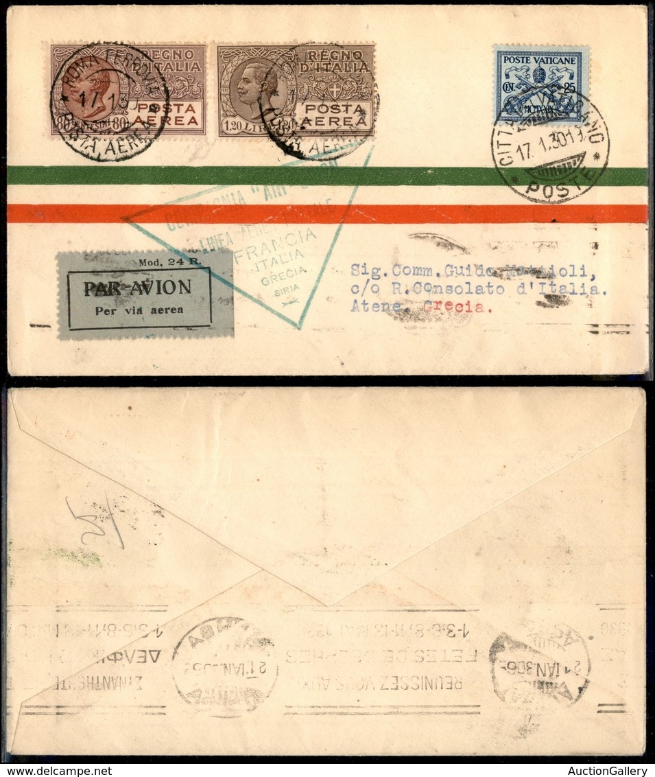 PRIMI VOLI - 1930 (19 Gennaio) - A.U.L.O. - Linea Marsiglia Beyrouth - Vaticano Atene (Longhi 2062 - Sass. 173e) - 25 Vo - Other & Unclassified