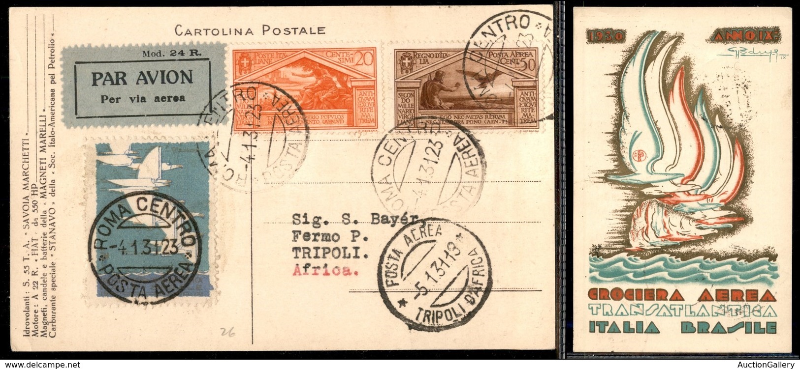 PRIMI VOLI - 1931 (4 Gennaio) - Roma Tripoli (Longhi 2304 - Sass. -) - Cartolina (Padua) Della Crociera - Sonstige & Ohne Zuordnung