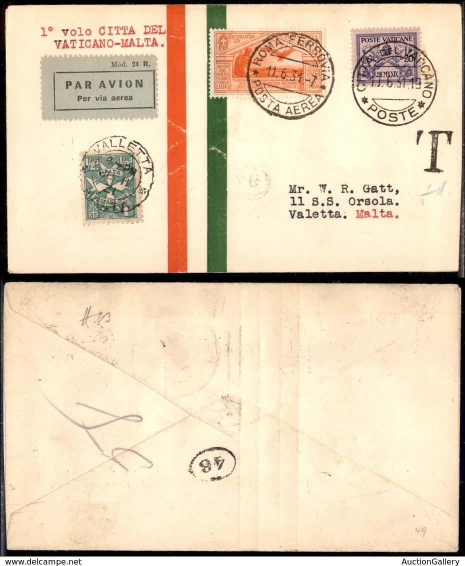 PRIMI VOLI - 1931 (11 Giugno) - S.A.N.A. - Linea Roma Tripoli - Primo Volo Vaticano Malta (Longhi 2393 - Sass. -) - 56 V - Sonstige & Ohne Zuordnung