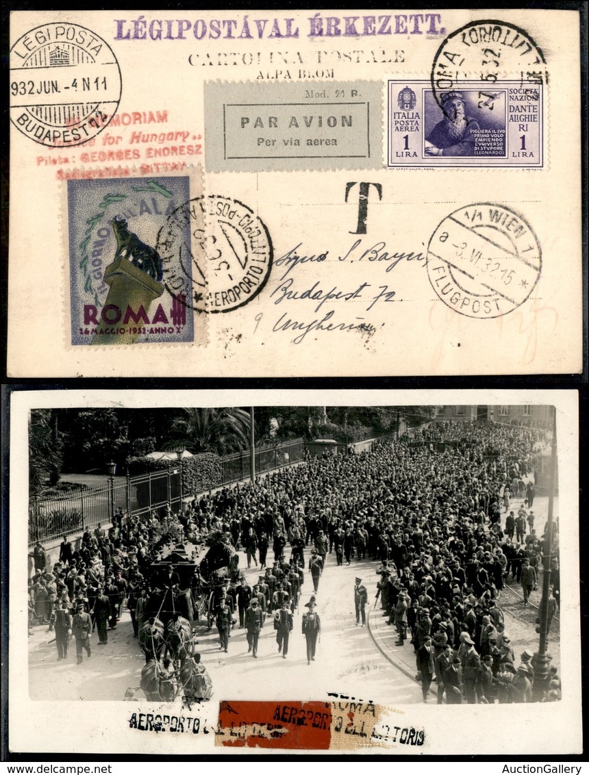 PRIMI VOLI - 1932 (27 Maggio/3 Giugno) - Volo Commemorativo Roma Budapest (Longhi 2686 Nota - Sass. 295a) - Cartolina Fo - Sonstige & Ohne Zuordnung