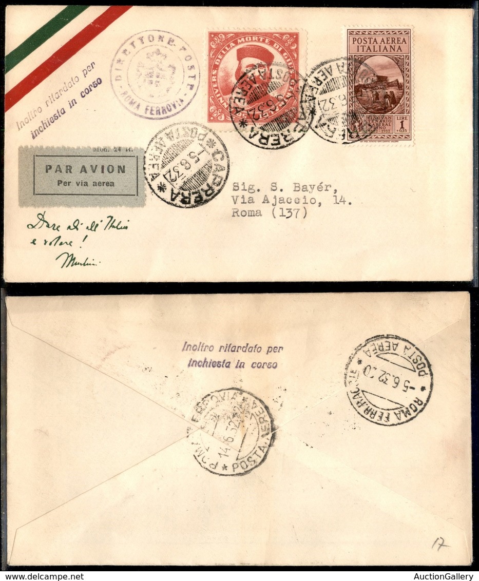 PRIMI VOLI - 1932 (5 Giugno) - S.A.M. - Volo Speciale Di Ritorno Caprera Roma (Longhi 2698 - Sass. 298) - Sonstige & Ohne Zuordnung