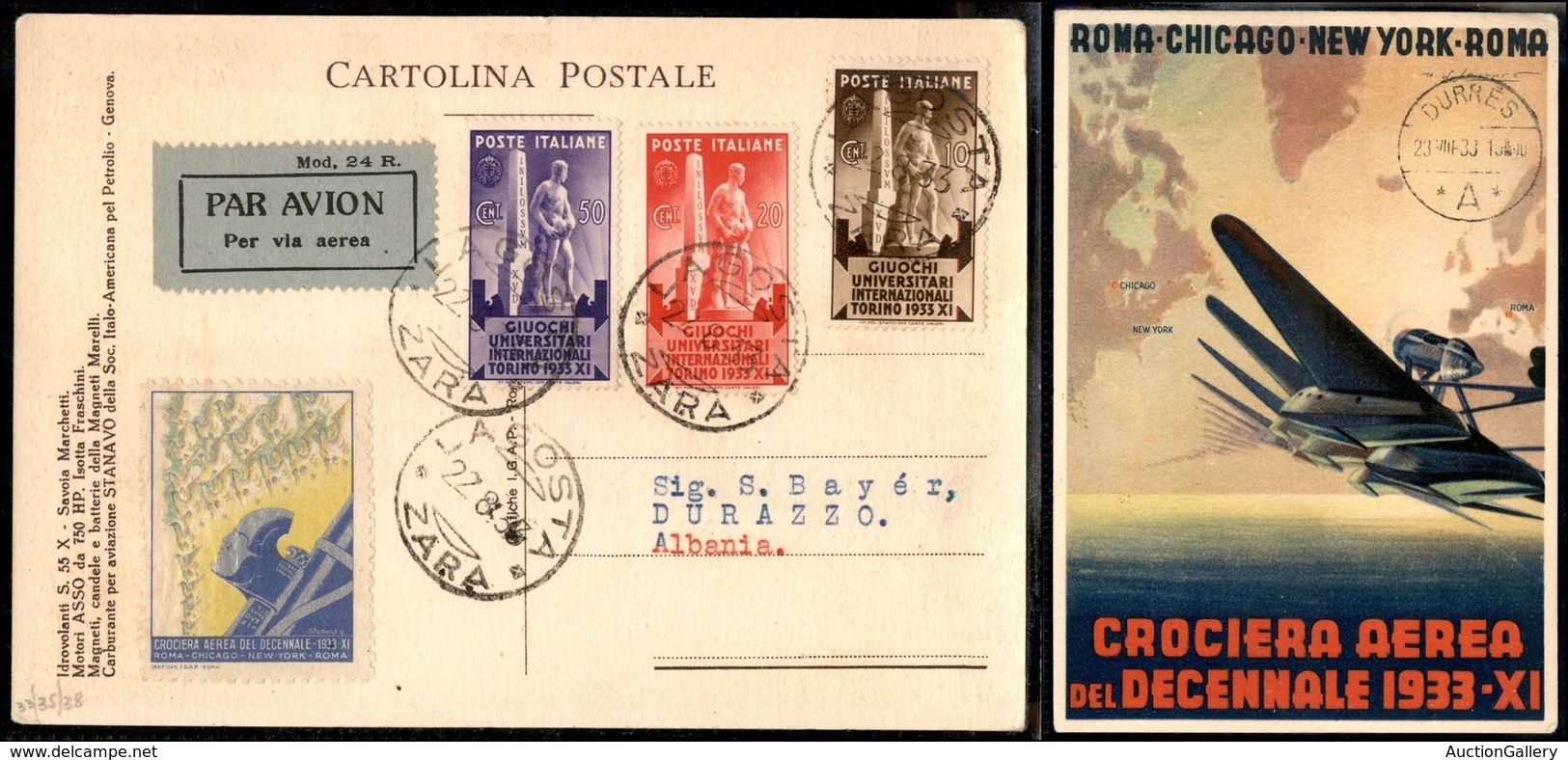 PRIMI VOLI - 1933 (22 Agosto) - S.I.S.A. - Primo Volo Lagosta Durazzo (Longhi 3048 - Sass. 347) - Cartolina Tra I 38 Vol - Sonstige & Ohne Zuordnung