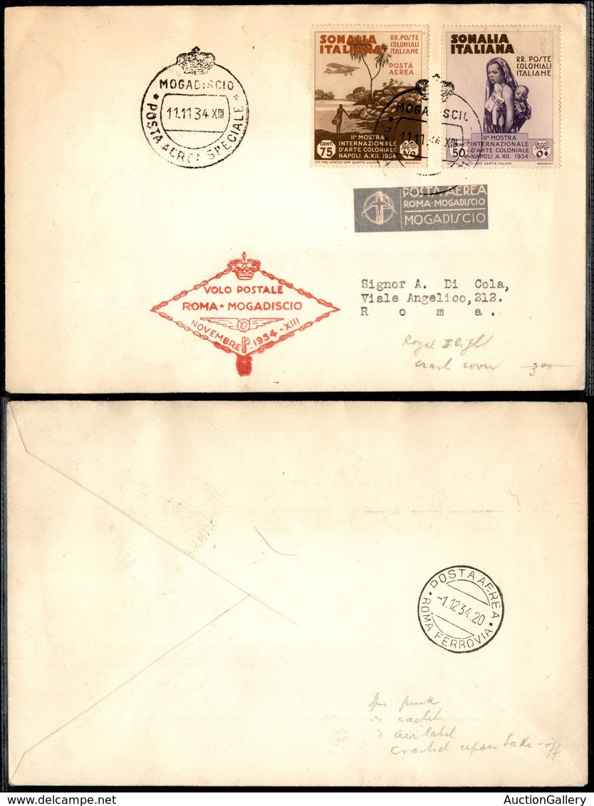 PRIMI VOLI - 1934 (11 Novembre) - Ala Littoria - Volo Postale Roma Mogadiscio - Volo Interrotto Mogadiscio Roma (tipo Lo - Sonstige & Ohne Zuordnung