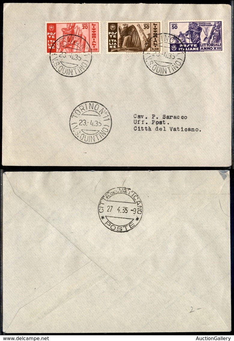 PRIMI VOLI - 1935 (23 Aprile) - Torino Vaticano - FDC Littorali (377/379) - Other & Unclassified