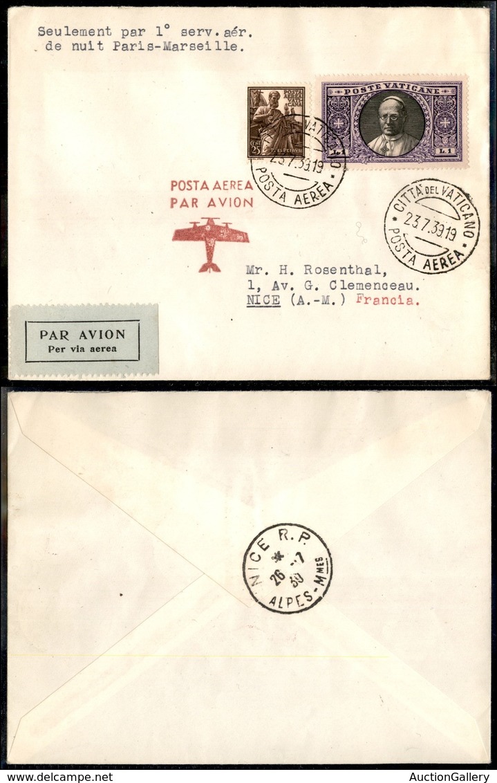 PRIMI VOLI - 1939 (25 Luglio) - Air France - Primo Volo Notturno Parigi Marsiglia - Vaticano Nizza (Longhi 3867 - Sass.  - Other & Unclassified