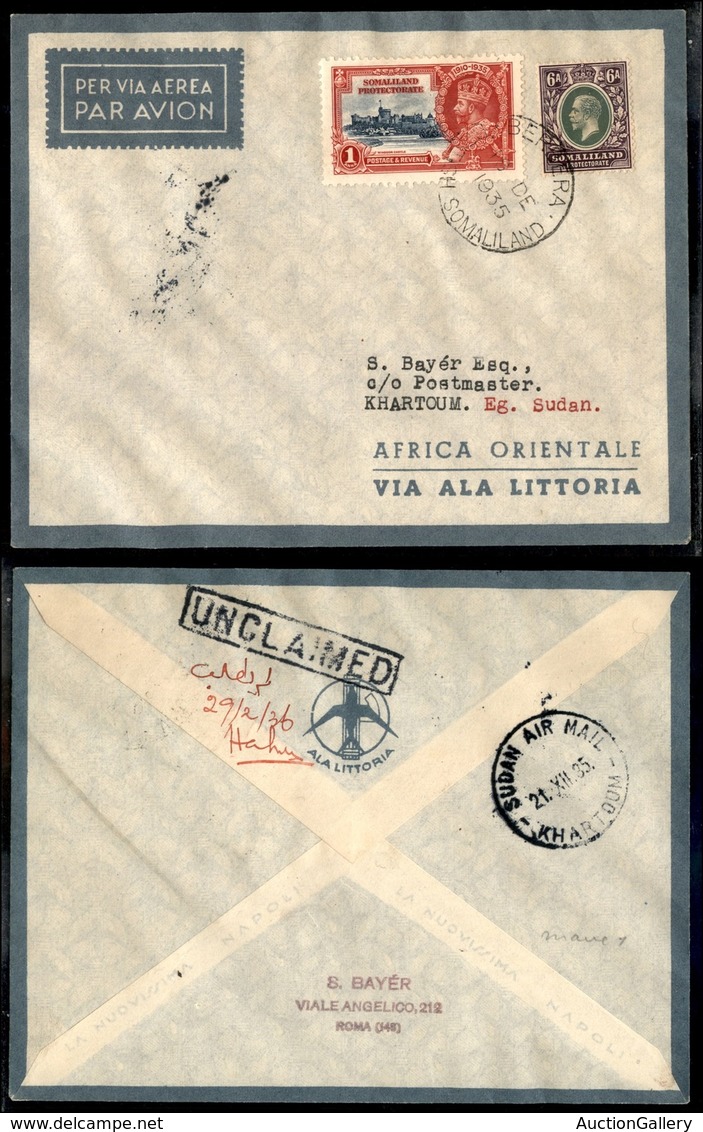 CAMPAGNA D'ETIOPIA - VOLI DI COLLEGAMENTO - 1935 (18 Dicembre) - Ala Littoria - Linea Berbera Roma (Sass. 404) - Volo In - Sonstige & Ohne Zuordnung