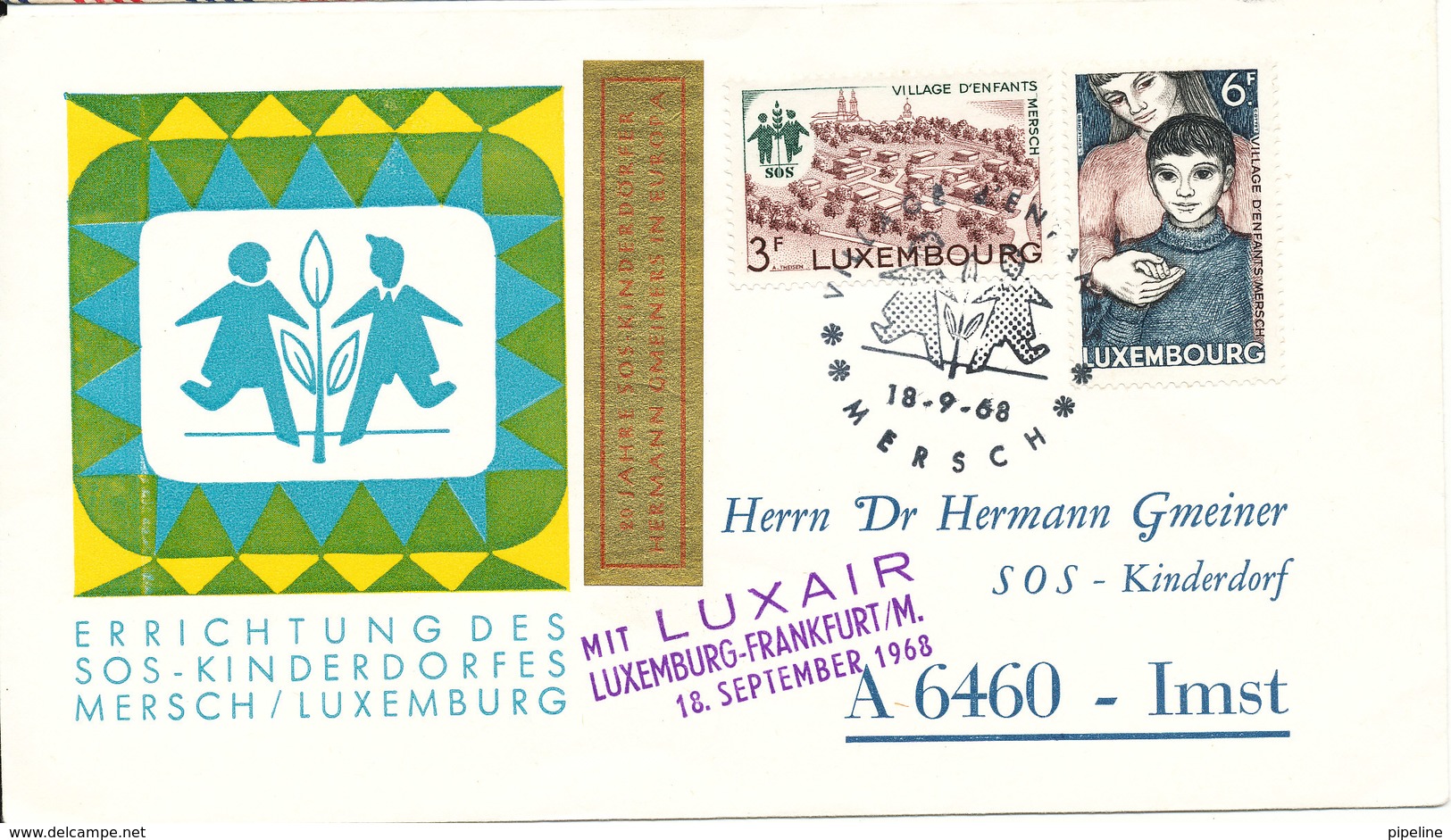 Luxembourg Cover Special Cover And Postmark Mersch 18-9-1968 SOS Kinderdorf Childrens Villages Flown With LUXAIR - Covers & Documents