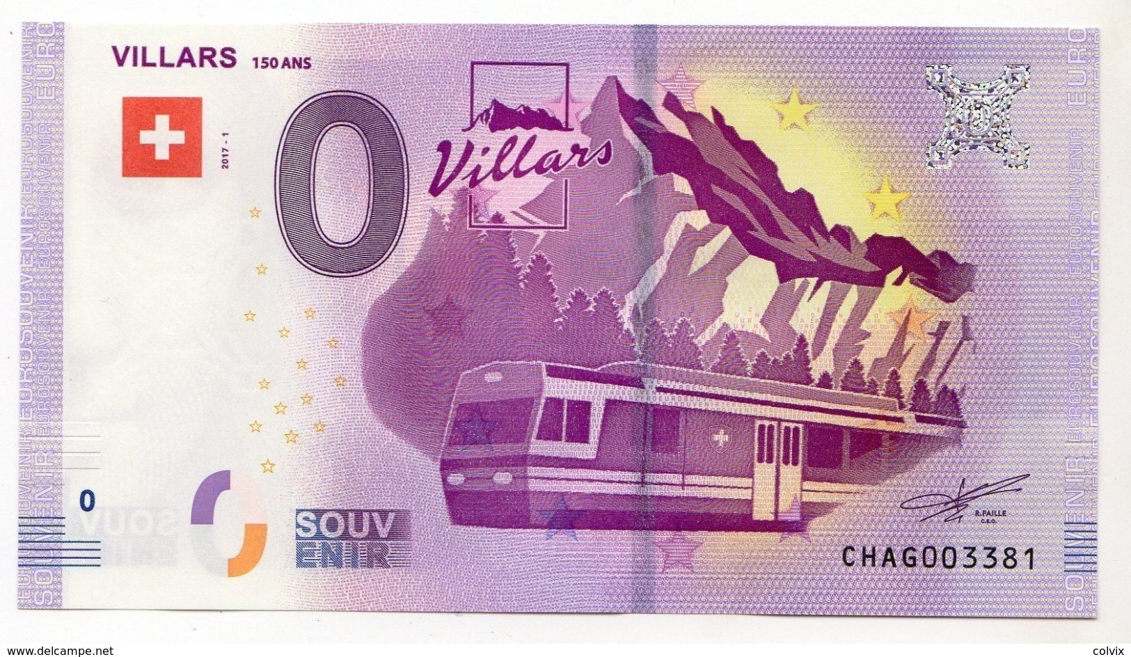 2017-1 BILLET TOURISTIQUE SUISSE 0 EURO SOUVENIR EPUISE N°CHAG003371 VILLARS Train - Private Proofs / Unofficial