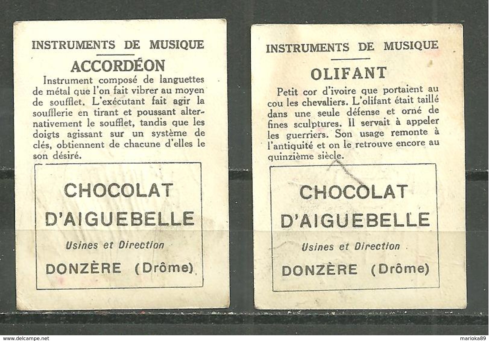 LOT 2 CHROMOS CHOCOLAT AIGUEBELLE / INSTRUMENTS DE MUSIQUE ACCORDEON ET OLIFANT - Aiguebelle