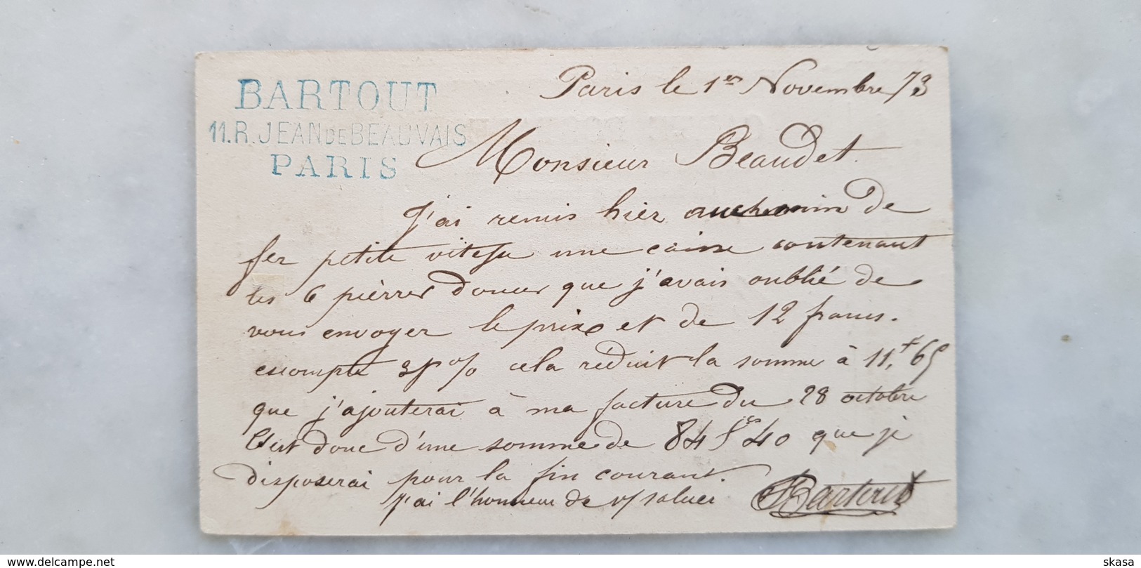 CP Précurseurs 1873 Cérès 59 Exp. Charles Bartout, Paris Fournisseur Tanneurs Corroyeurs à M. Beaudet, Limoges Corroyeur - ...-1929