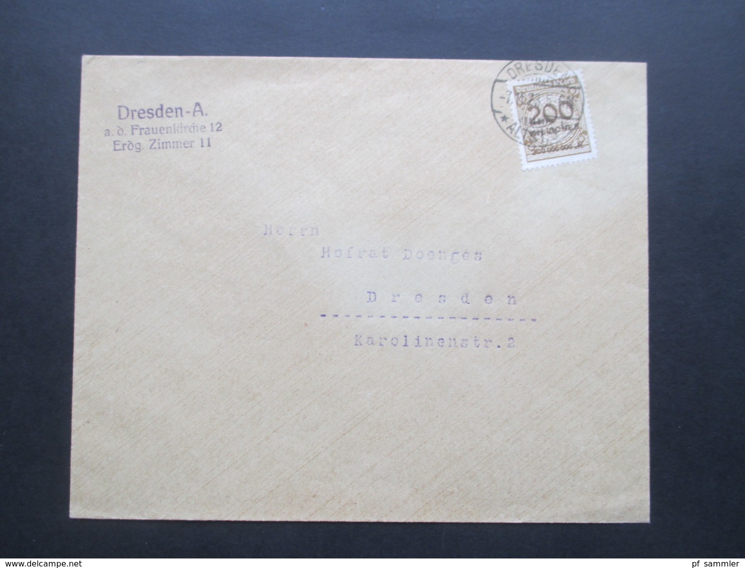 DR Hochinflation 7.11.1923 Nr. 323 EF Ortsbrief Dresden / A.d. Frauenkirche 12 Erdg. Zimmer 11 An Hofrat Doenges - Lettres & Documents