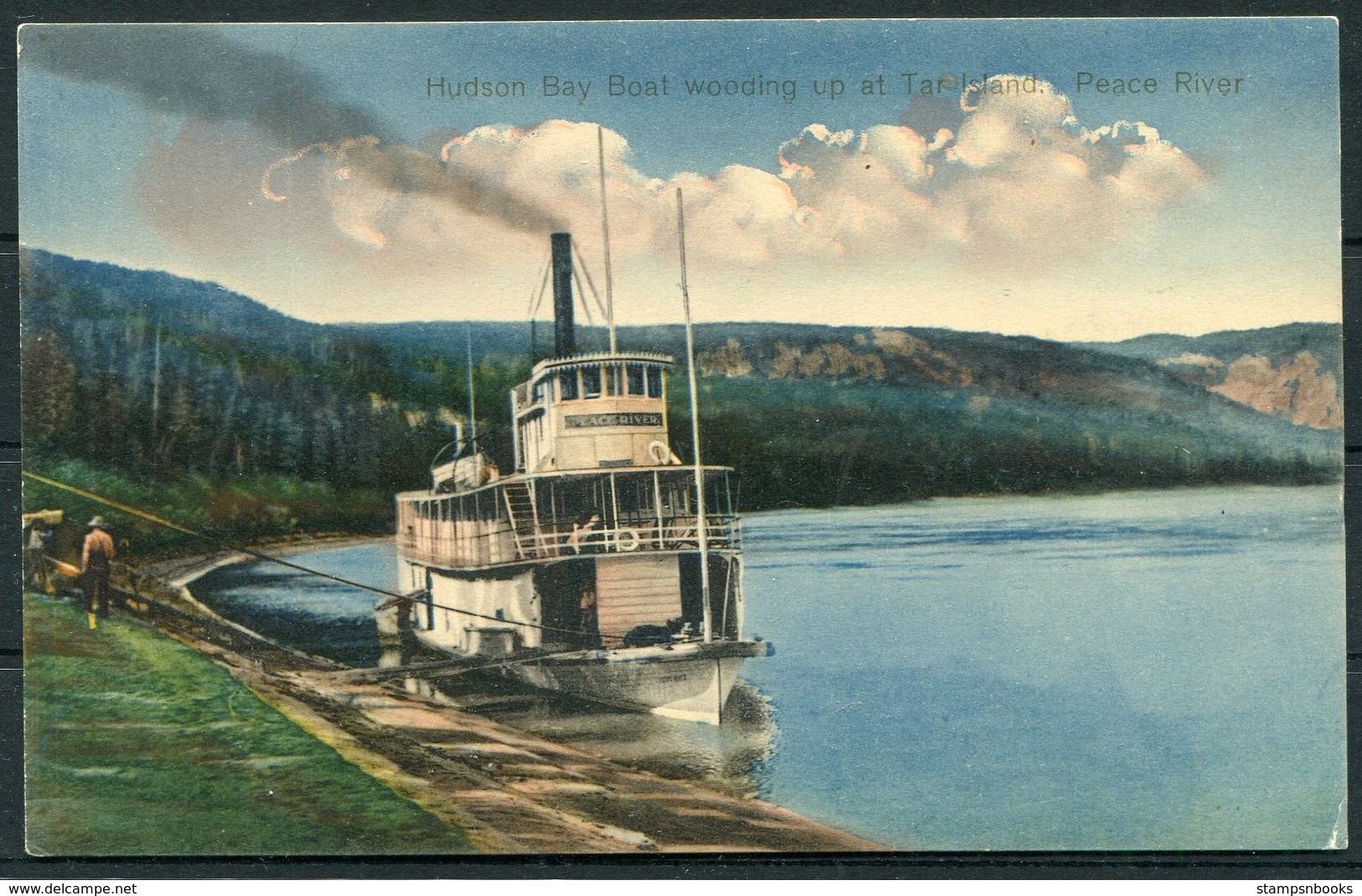 1911 Hudson Bay Boat Wooding Up At Tar Island, Peace River Postcard. Alberta Canada Ship - Sonstige & Ohne Zuordnung