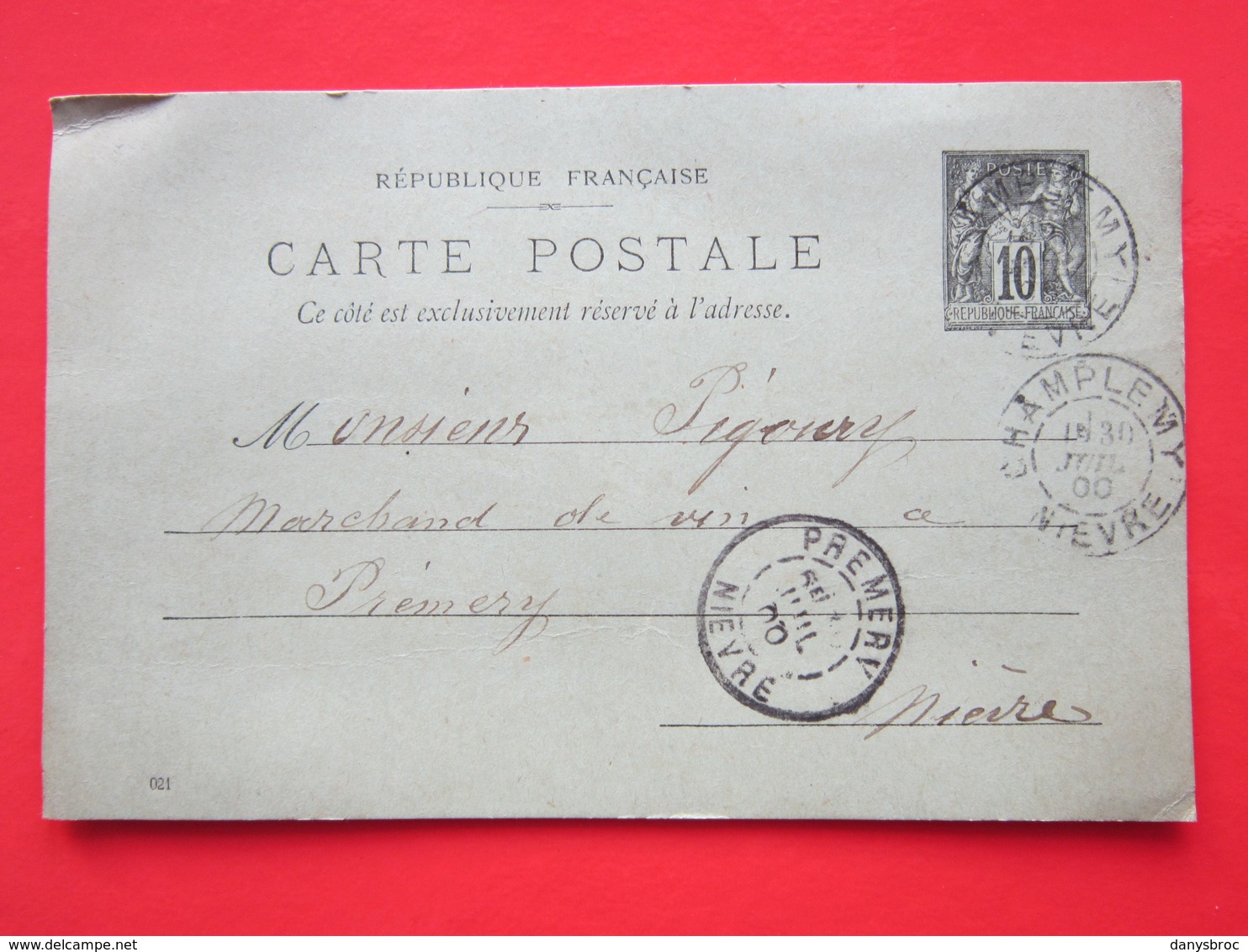 Cpa -Timbre Entier Type SAGE 10 Noir écrite SAVARD MENUISIER à CHAMPLEMY 58) Oblitéré CHAMPLEMY & PREMERY 58) 30/07/1900 - Cartes Postales Types Et TSC (avant 1995)