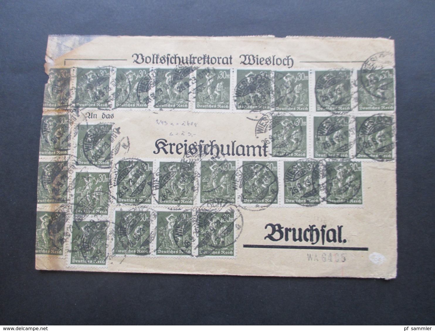 DR Infla 9.1923 Massenfrankatur Mit 59 Marken!! Volksschulrektorat Wiesloch Nach Bruchsal - Lettres & Documents