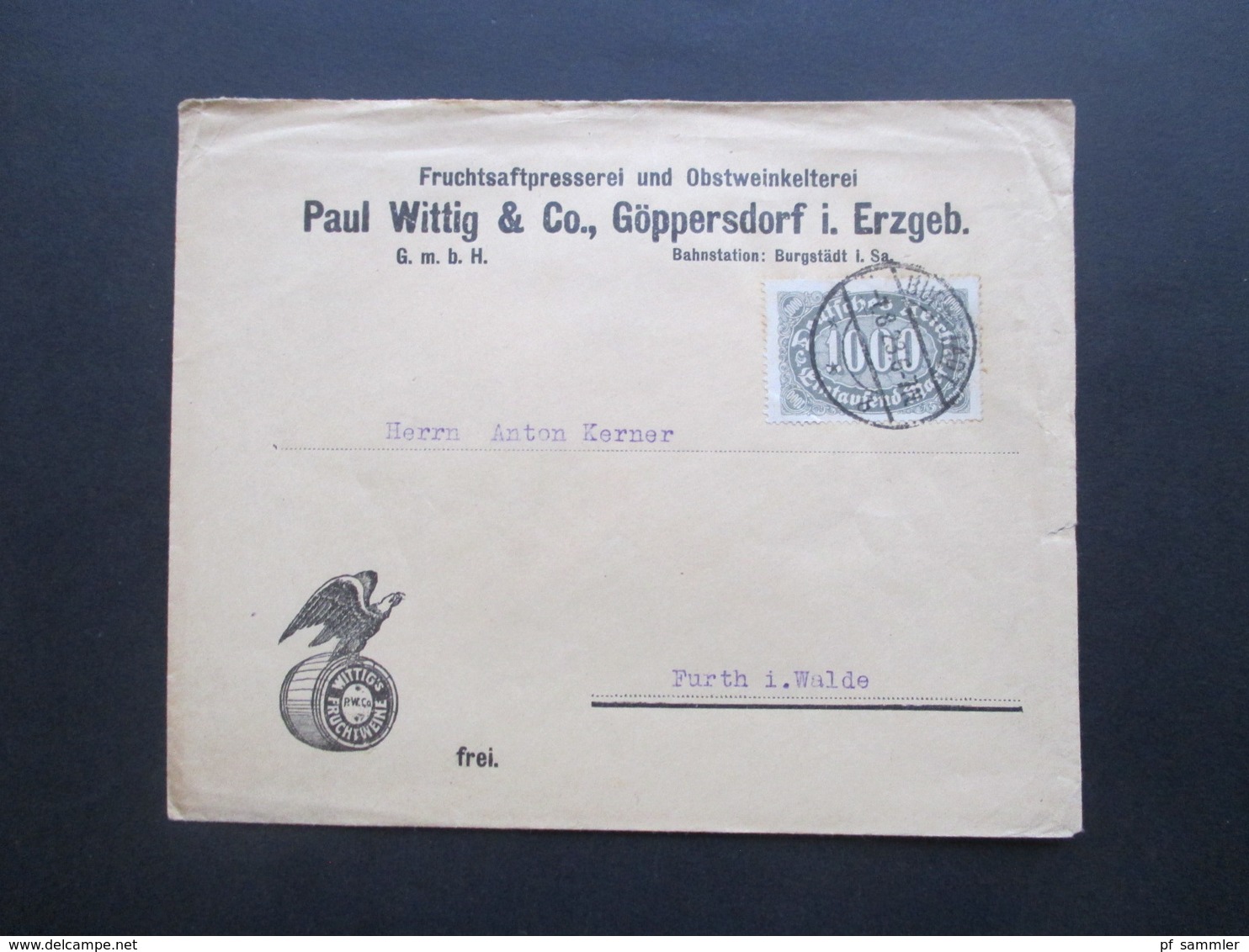 8.1923 Queroffset Nr. 252 EF Firmenbrief Fruchtsaftpresserei Und Obstweinkelterei Paul Wittig Göppersdorf / Burgstädt - Lettres & Documents