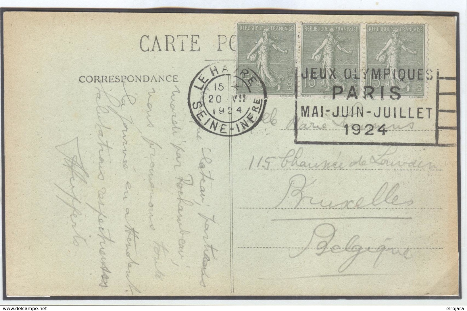 FRANCE Olympic Machine Cancel Le Havre Seine-Inf On Postcard Of 20 VII 1924 During The Olympic Games . - Ete 1924: Paris