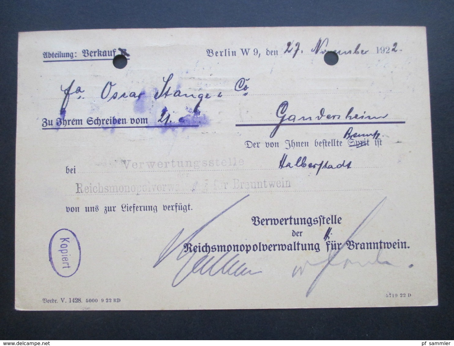 DR Dienst Postkarte Der Verwaltungsstelle Der Reichsmonopolverwaltung Für Branntwein Berlin - Service