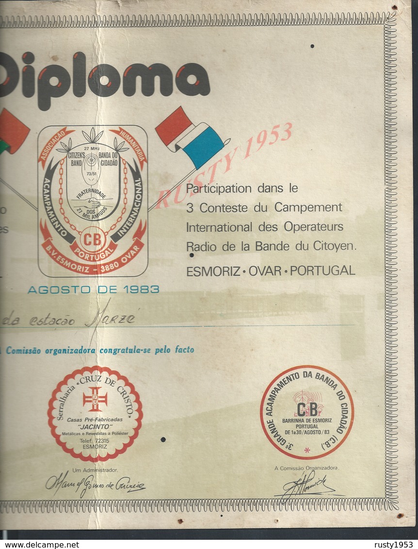 MILITARIA PORTUGAL DIPLOMA BOMBEIROS VOLUNTARIOS ( POMPIERS ) DE ESMORIZ OVAR CRUZ DE CRISTO PLIE VEND EN ETAT : - Pompiers