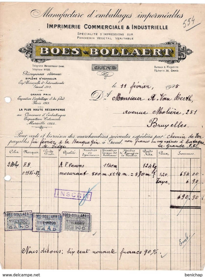 MANUFACTURE D'EMBALLAGES - IMPRIMERIE COMMERCIALE ET INDUSTRIELLE - PARCHEMIN VEGETAL - BOES-BOLLAERT - GAND - 1925. - Printing & Stationeries