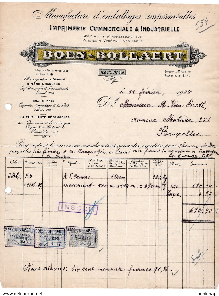 MANUFACTURE D'EMBALLAGES - IMPRIMERIE COMMERCIALE ET INDUSTRIELLE - PARCHEMIN VEGETAL - BOES-BOLLAERT - GAND - 1925. - Drukkerij & Papieren