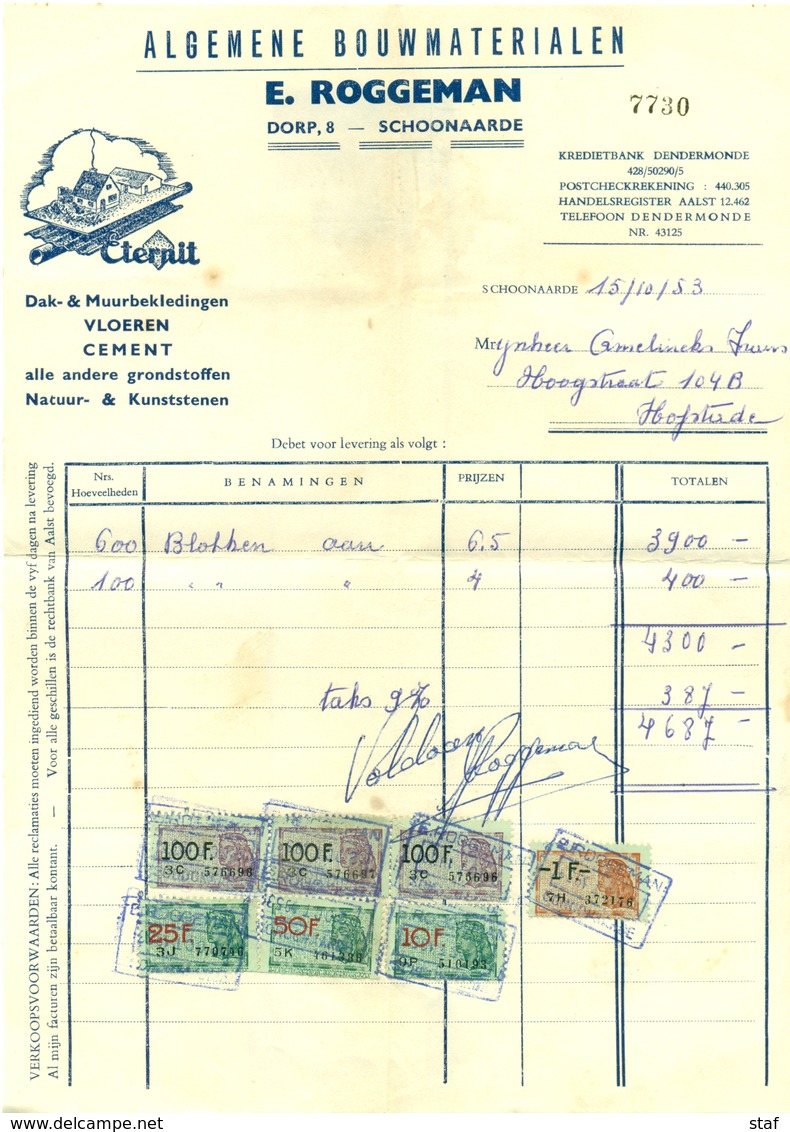 Factuur Algemene Bouwmaterialen E. Roggeman Te Schoonaarde 1953 - 1950 - ...