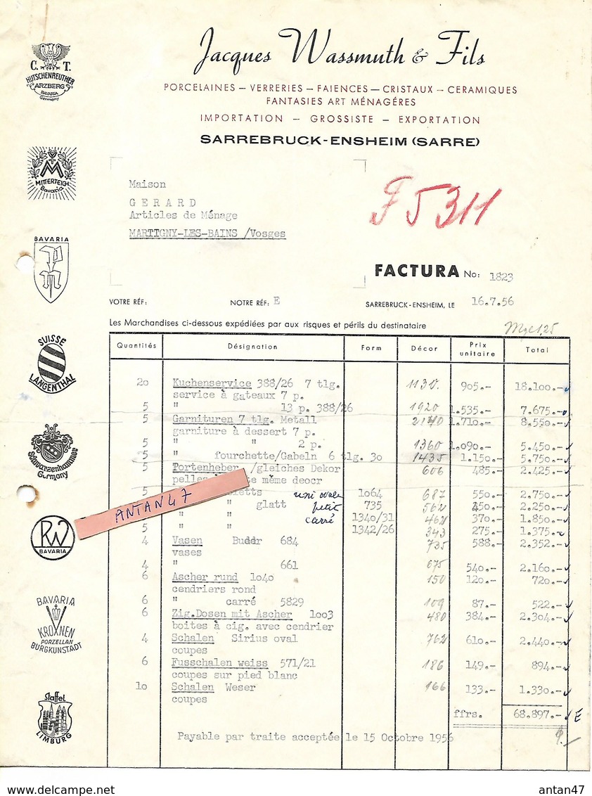 Facture & Traite 1956 / Allemagne / SARREBRUCK-ENSHEIM / J WASSMUTH / Porcelaines Verreries, Faïences, Cristaux - 1950 - ...