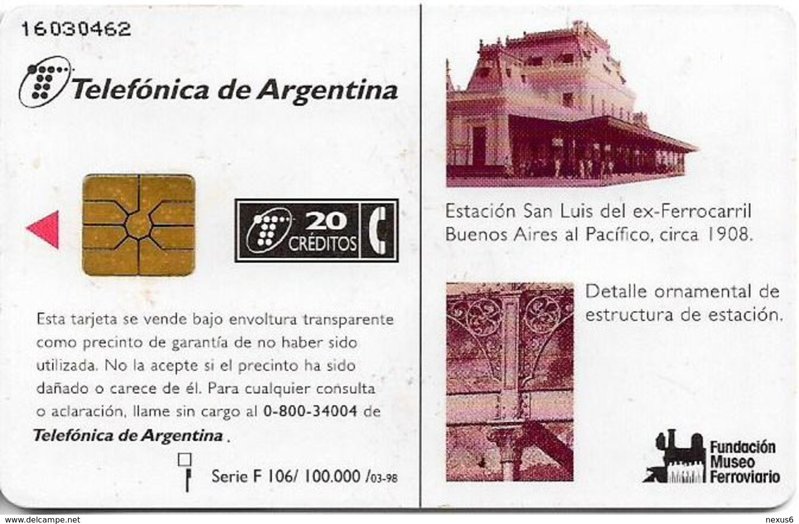 Argentina - Telefónica - Railways, Estación San Luis, Chip Gem1A Symmetric Black, 03.1998, 20U, 100.000ex, Used - Argentina