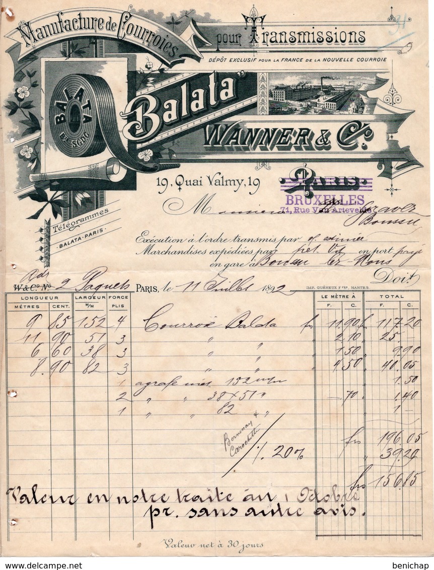 MANUFACTURES DE COURROIES POUR TRANSMISSIONS - BALATA - WANNER & CIE - BRUXELLES - PARIS - 1892. - 1800 – 1899