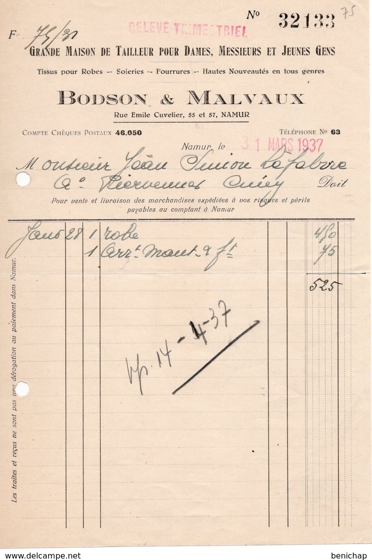 GRANDE MAISON DE TAILLEUR - BODSON & MALVAUX - TISSUS - SOIERIES - FOURRURES - NAMUR - 1937. - Vestiario & Tessile