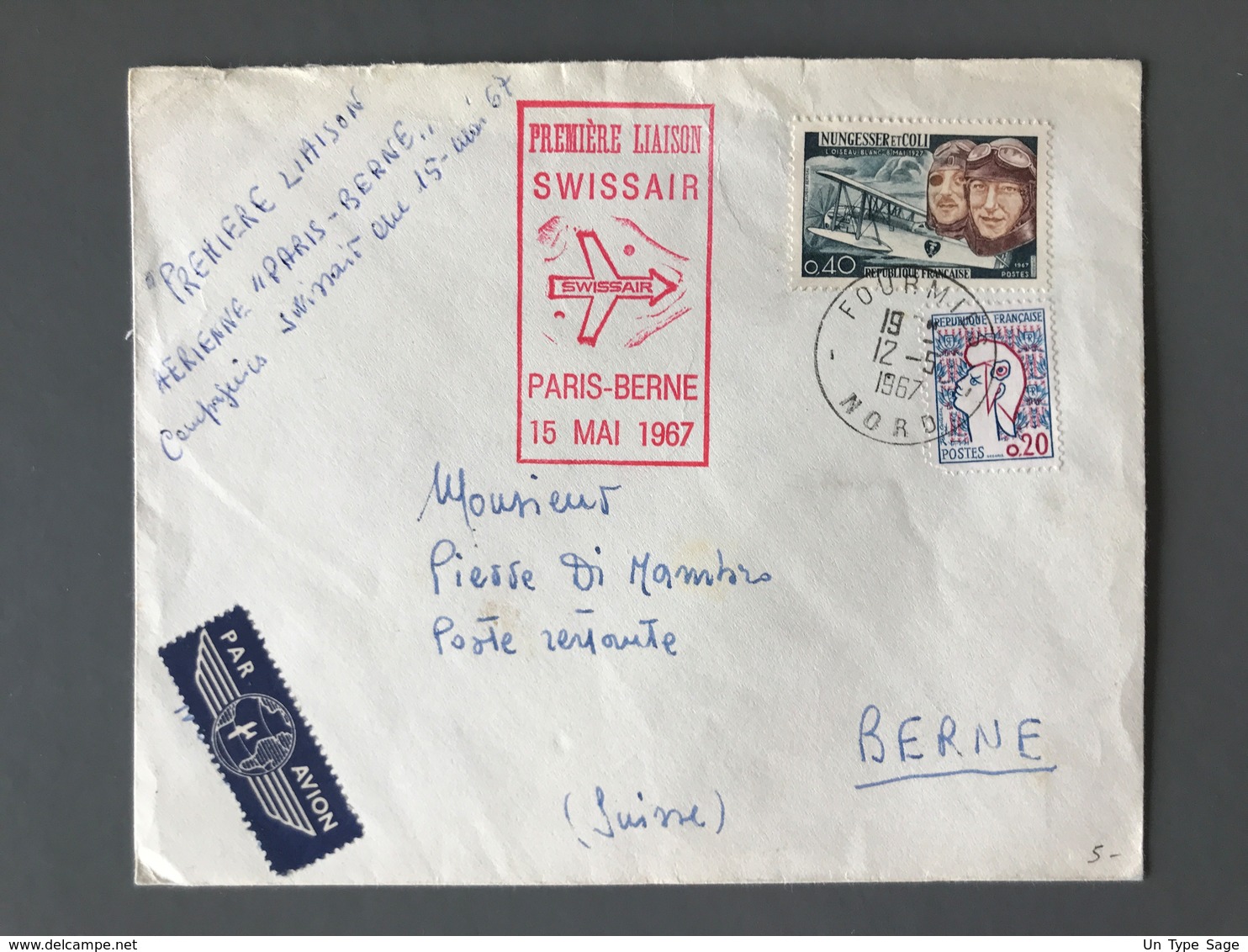 France, Lettre - PREMIERE LIAISON SWISSAIR PARIS-BERNE 15 Mai 1967 - (B3023) - 1960-.... Covers & Documents