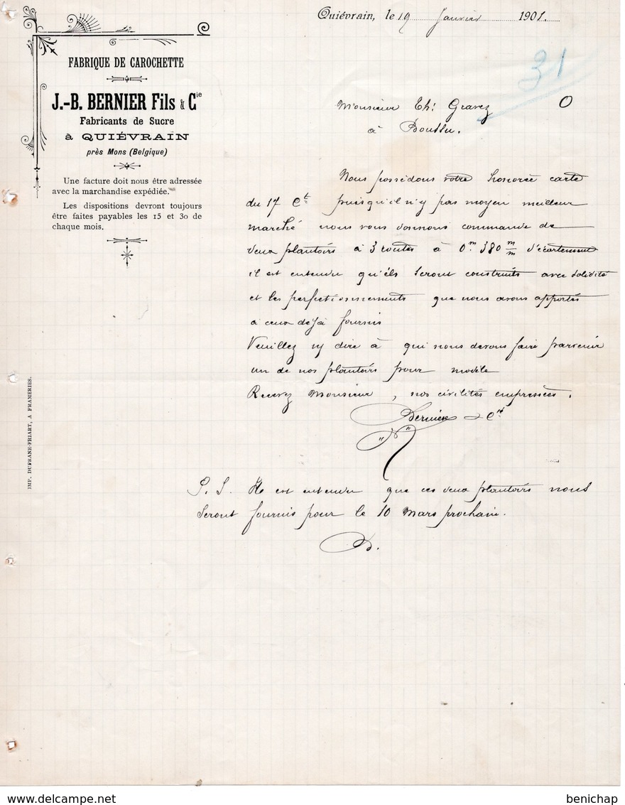 FABRIQUE DE CAROCHETTE - SUCRE - J-B BERNIER FILS & CIE - QUIEVRAIN - BOUSSU - 1901. - Alimentare