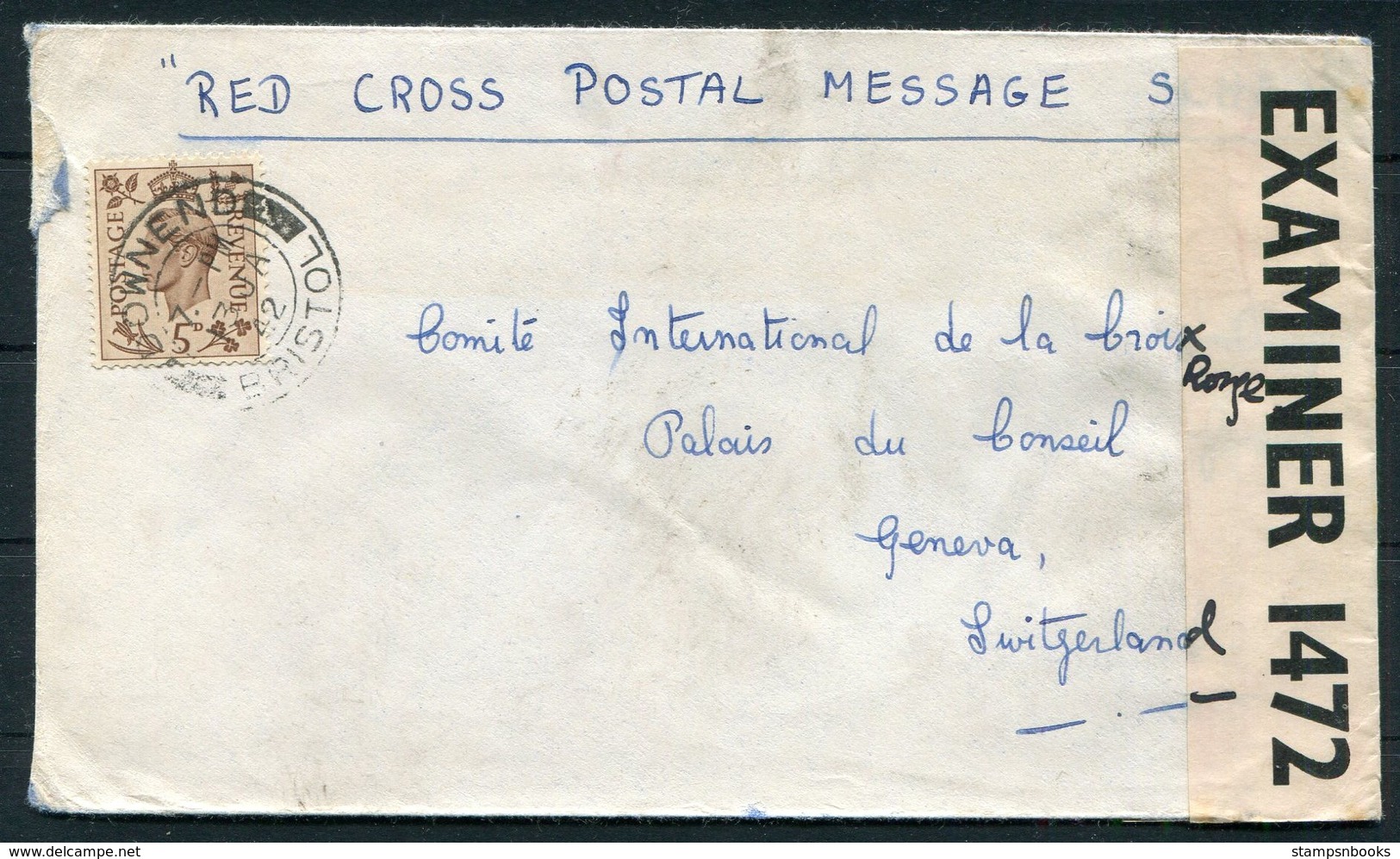 1942 GB Downend Bristol Red Cross Postal Message Scheme Censor Airmail Cover - Geneva Switzerland - Storia Postale