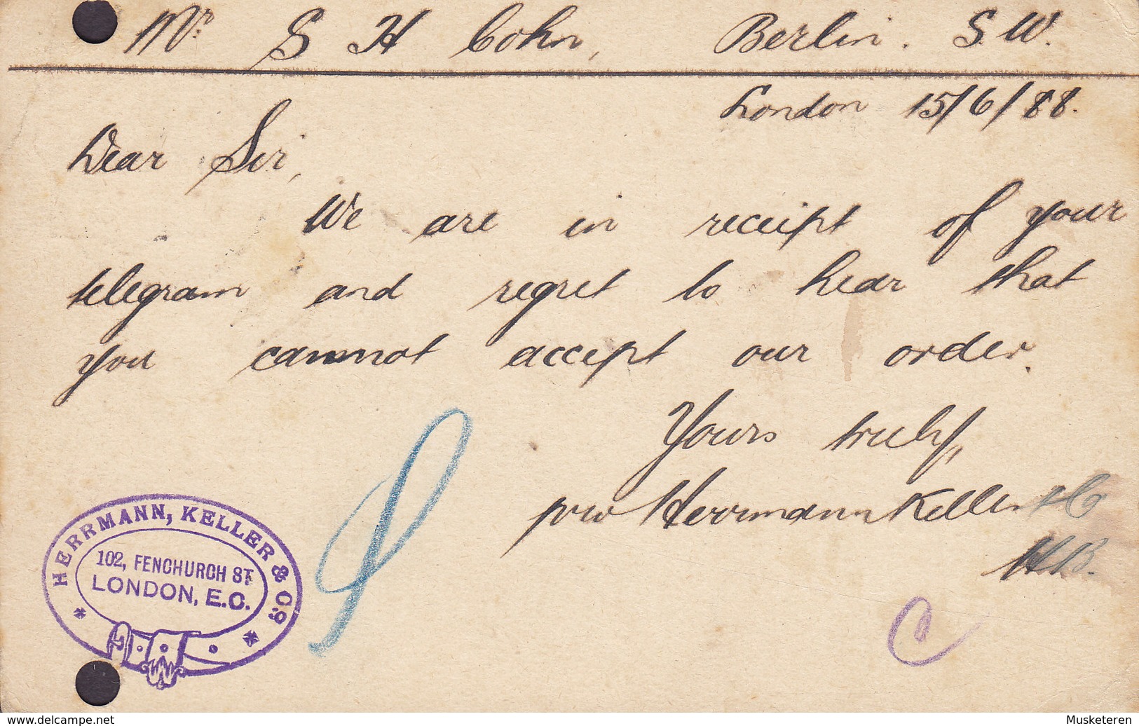 Great Britain UPU Postal Stationery Ganzsache Entier HERRMANN KELLER & Co., LONDON 1888 BERLIN Germany - Storia Postale