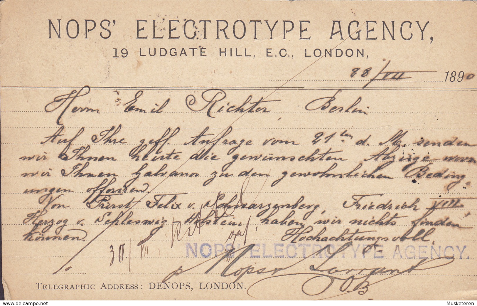 Great Britain UPU Postal Stationery Ganzsache Entier PRIVATE Print NOPS' ELECTROTYPE AGENCY, Ludgate Hill LONDON 1890 - Cartas & Documentos