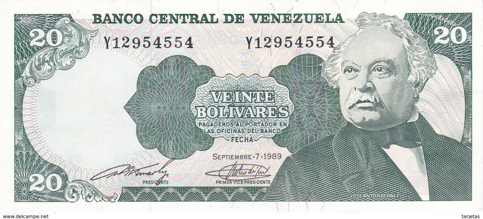 BILLETE DE VENEZUELA DE 20 BOLIVARES DEL AÑO 1989 SIN CIRCULAR  (BANKNOTE) UNCIRCULATED (BANKNOTE) - Venezuela