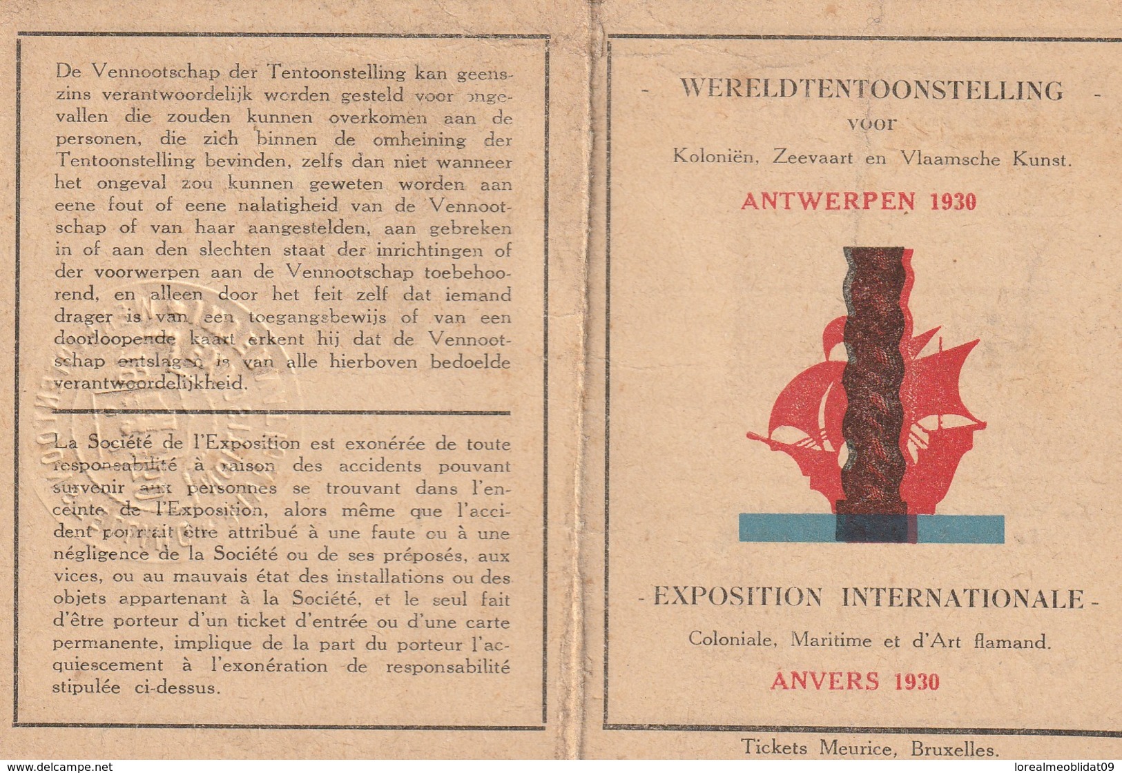 Belgique  Anvers EXPO  1930  Carte Abonnement Pour L'expo - Abonnementskaart Voor De Expo Nr A51441 - Tickets - Vouchers